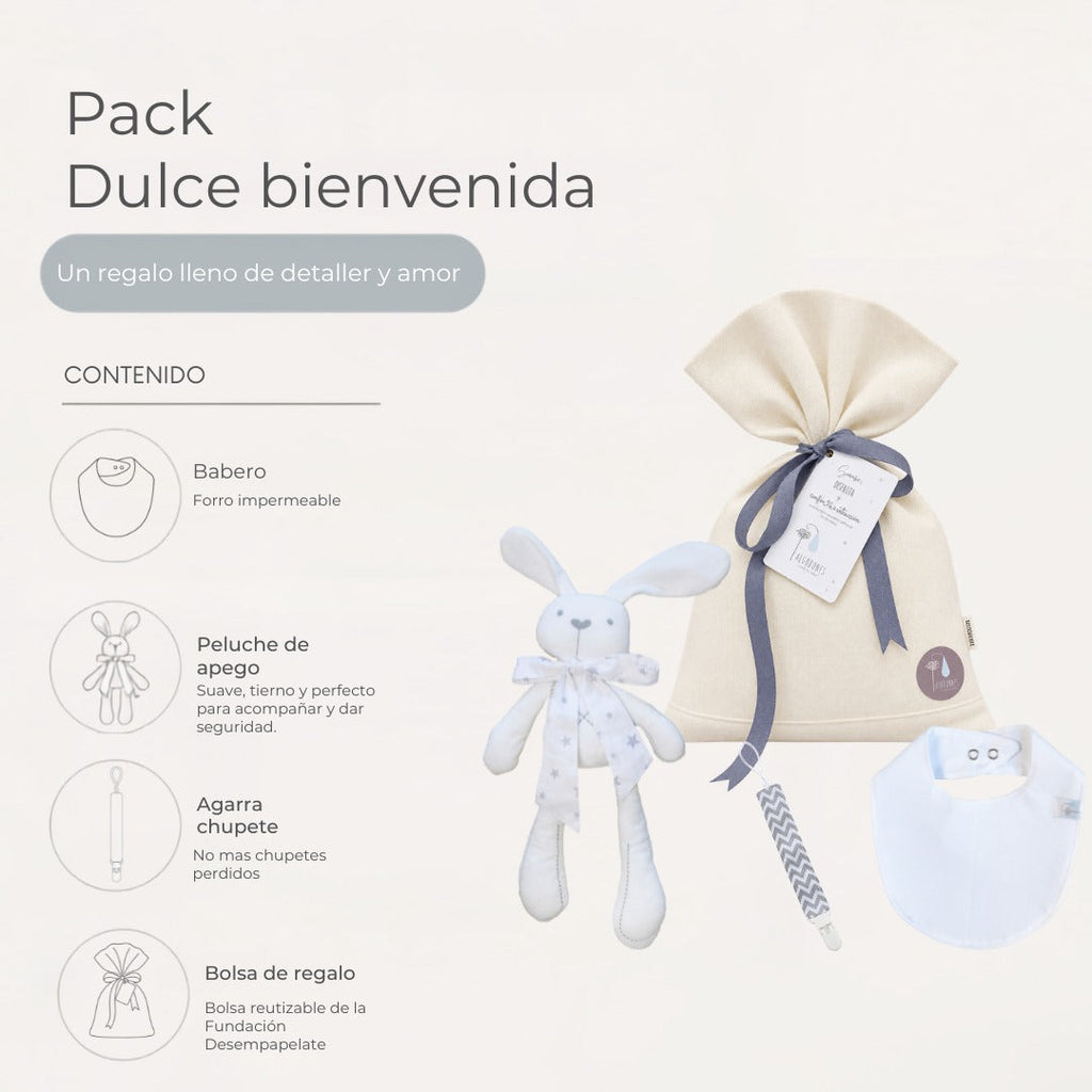 Pack Dulce Bienvenida de Algodones: babero, peluche de apego, agarra chupete y envoltorio (1 de 5)