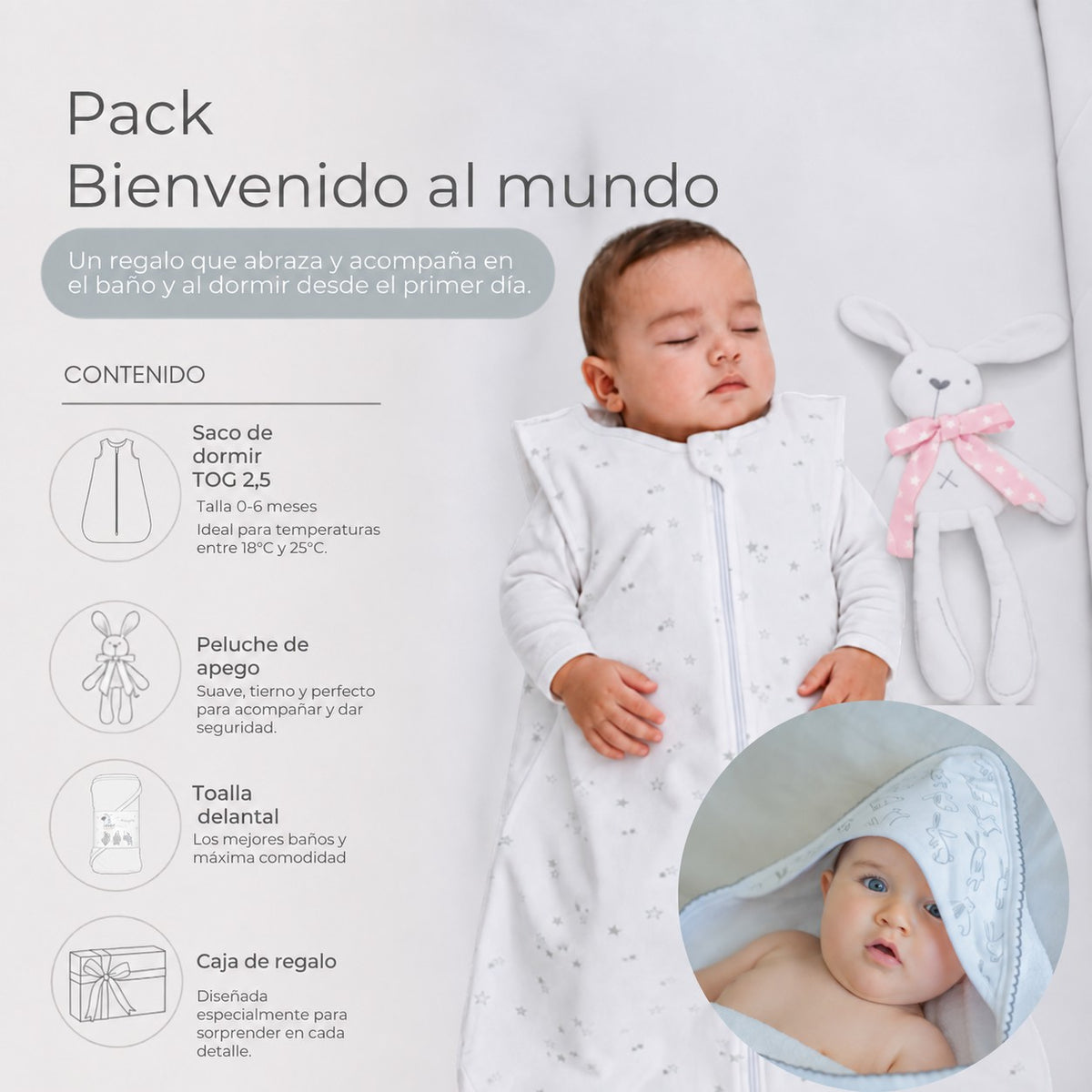 Pack Bienvenido al Mundo · Niña: guagua durmiendo con el saco y su peluche de apego