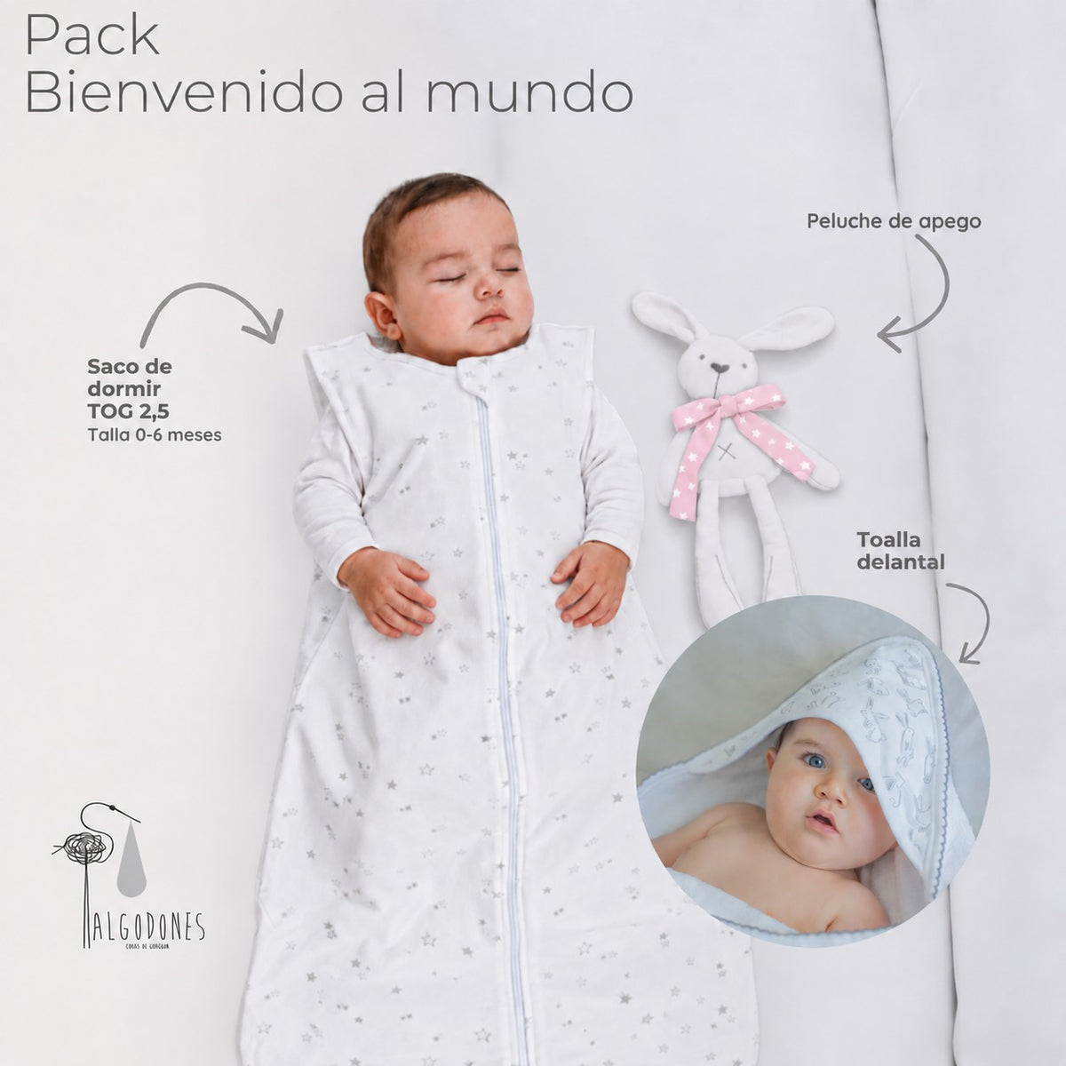 Pack Bienvenido al Mundo · Niña: las piezas del pack señaladas sobre la guagua