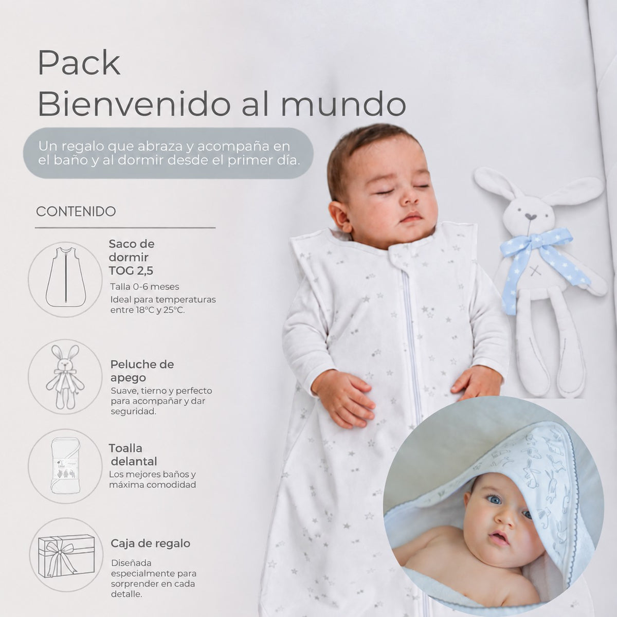 Pack Bienvenido al Mundo · Niño: guagua durmiendo con el saco y su peluche de apego