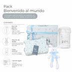 Pack Bienvenido al Mundo · Niño: contenido: caja de regalo, saco de dormir, toalla delantal y peluche de apego