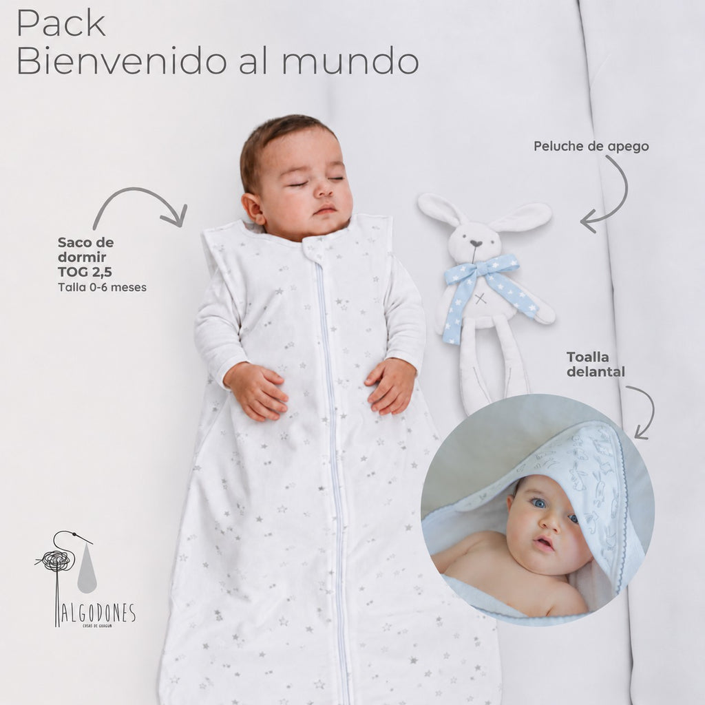 Pack Bienvenido al Mundo · Niño: las piezas del pack señaladas sobre la guagua
