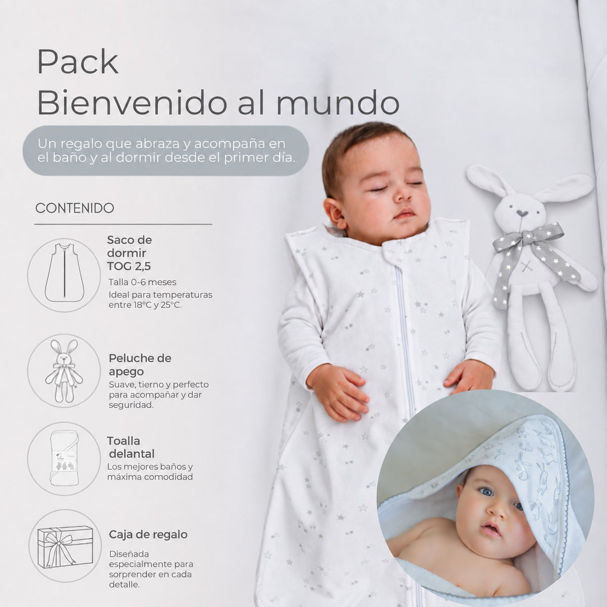 Pack Bienvenido al Mundo: guagua durmiendo con el saco y su peluche de apego