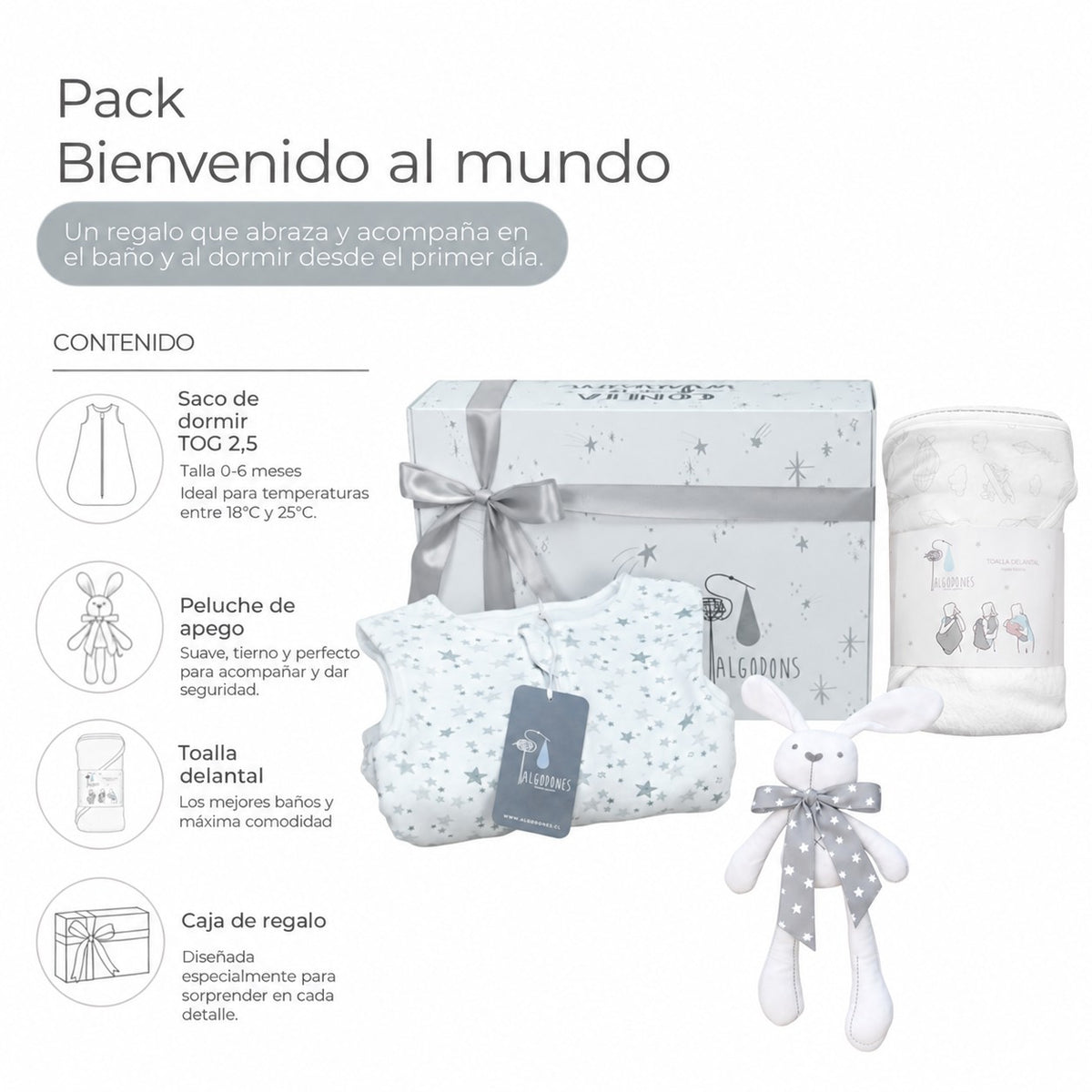 Pack Bienvenido al Mundo: contenido: caja de regalo, saco de dormir, toalla delantal y peluche de apego