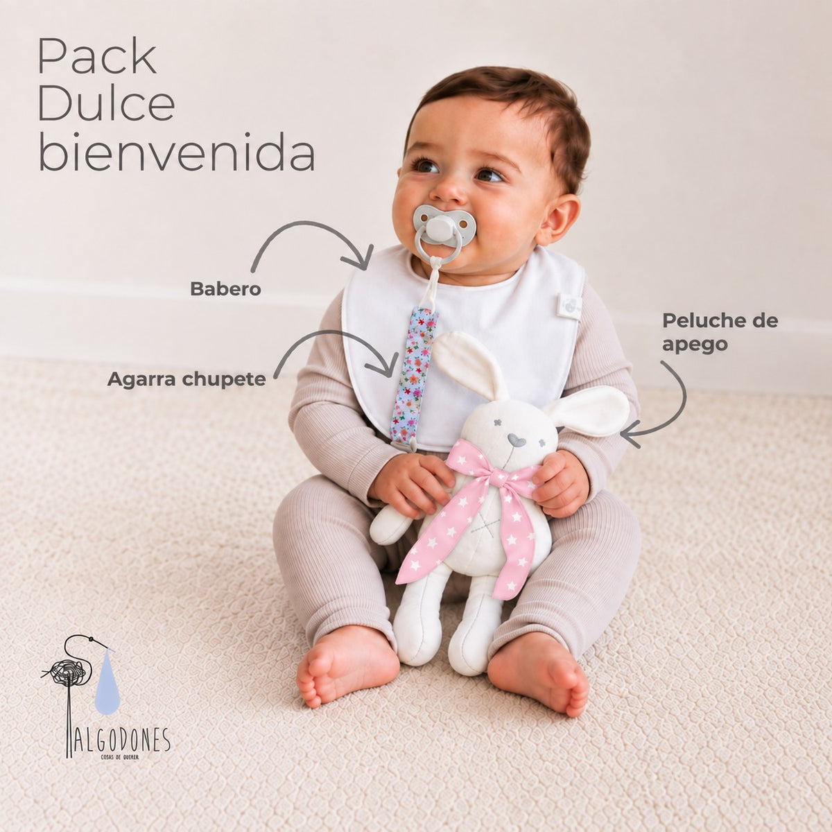 Pack Dulce Bienvenida · Niña: las piezas del pack señaladas sobre la guagua