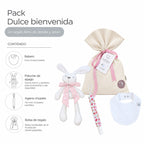 Pack Dulce Bienvenida · Niña: contenido: bolsa de regalo, babero, peluche de apego y agarra chupete