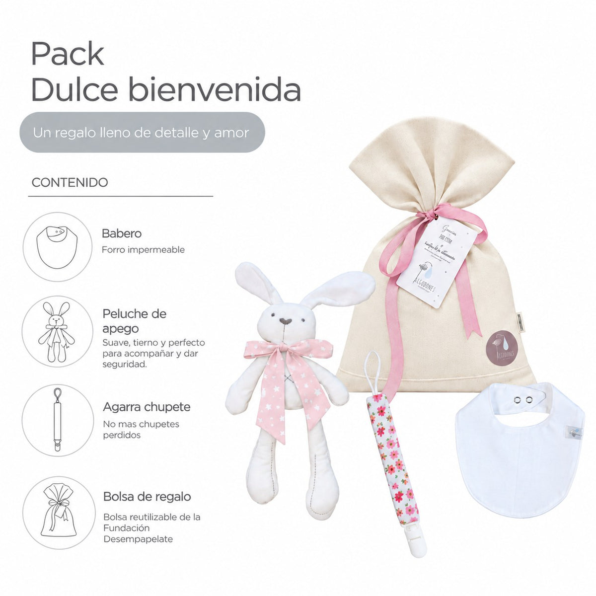 Pack Dulce Bienvenida · Niña: contenido: bolsa de regalo, babero, peluche de apego y agarra chupete
