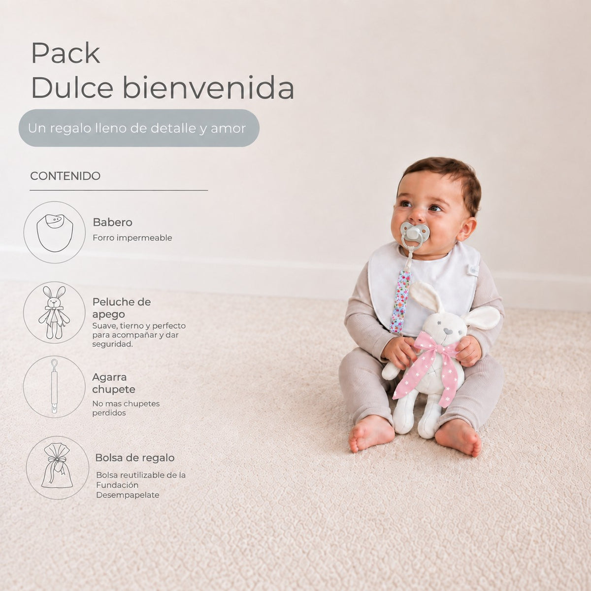 Pack Dulce Bienvenida · Niña: guagua sentada con las piezas del pack