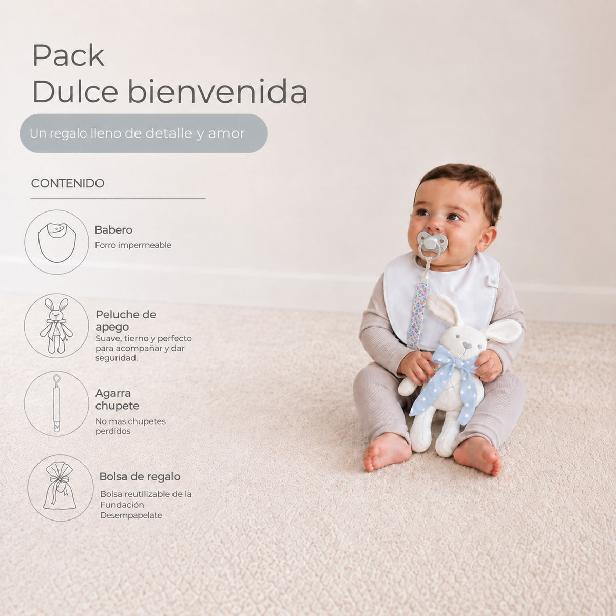 Pack Dulce Bienvenida · Niño: guagua sentada con las piezas del pack