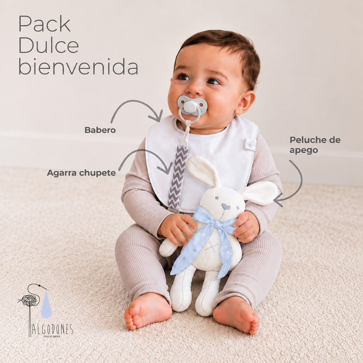 Pack Dulce Bienvenida · Niño: las piezas del pack señaladas sobre la guagua