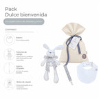 Pack Dulce Bienvenida: contenido: bolsa de regalo, babero, peluche de apego y agarra chupete