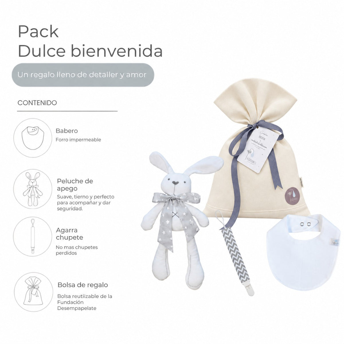 Pack Dulce Bienvenida: contenido: bolsa de regalo, babero, peluche de apego y agarra chupete