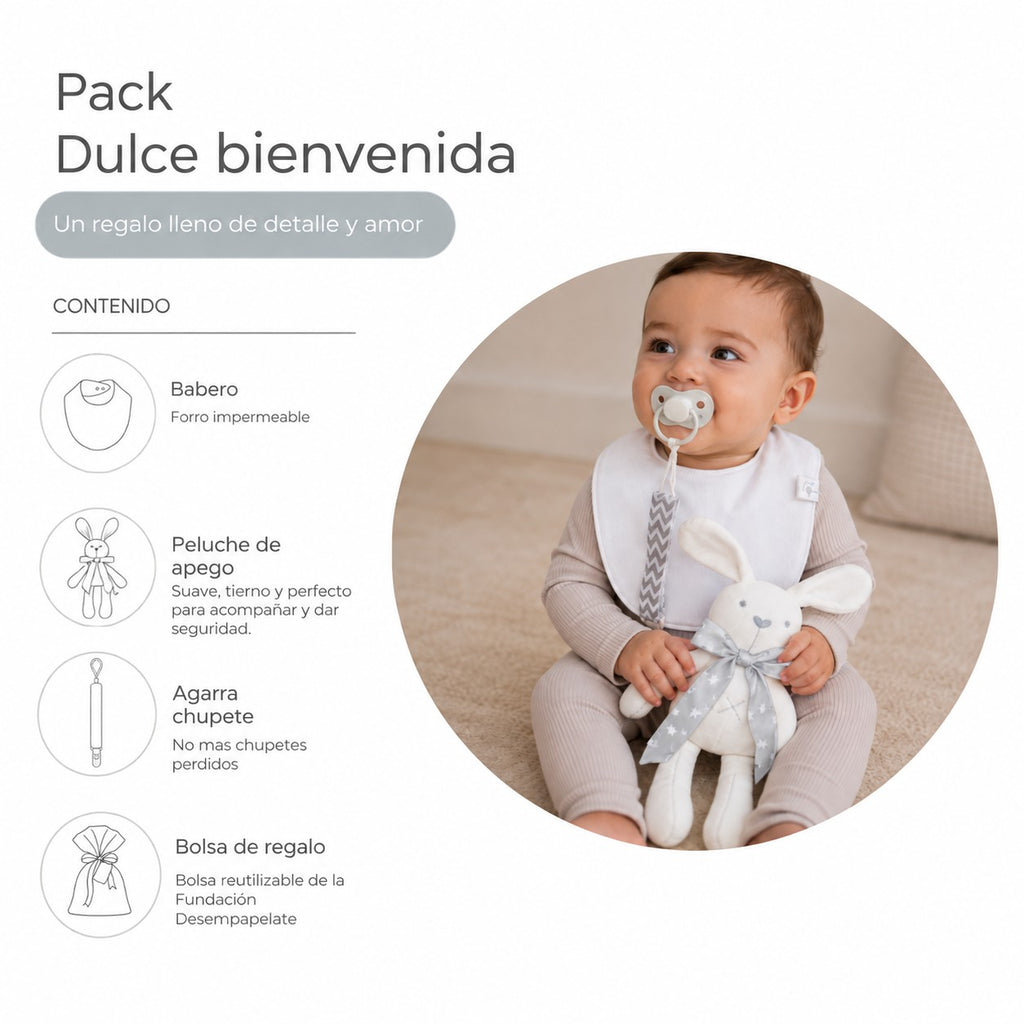 Pack Dulce Bienvenida: guagua con el babero, el agarra chupete y el peluche