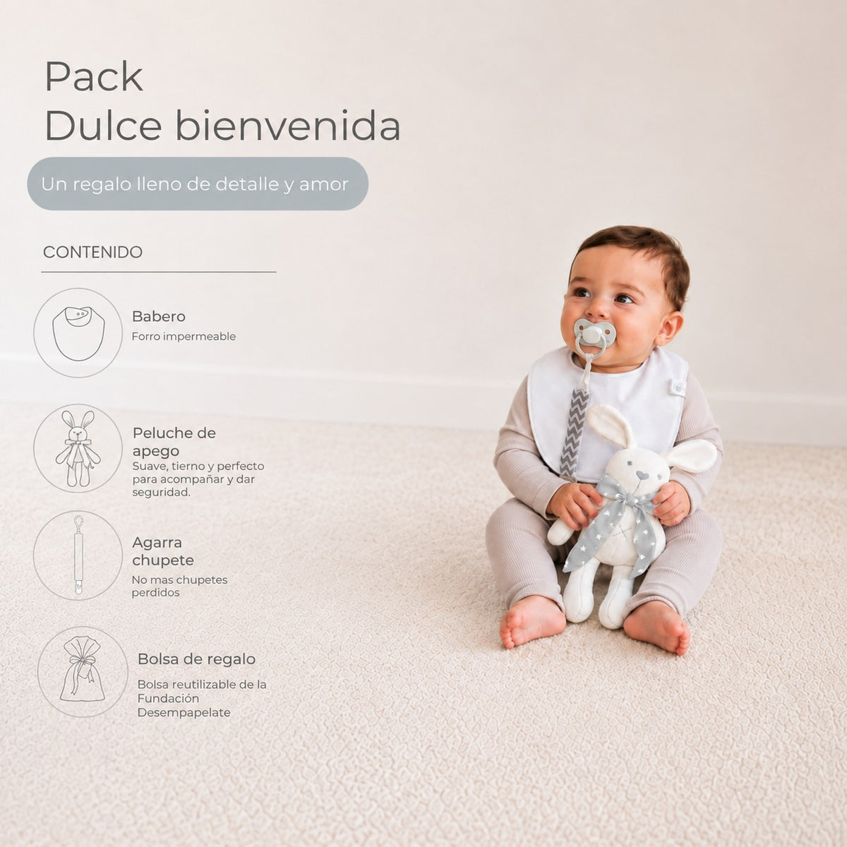 Pack Dulce Bienvenida: guagua sentada con las piezas del pack