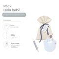 Pack Hola Bebé: contenido: bolsa de regalo, babero y agarra chupete