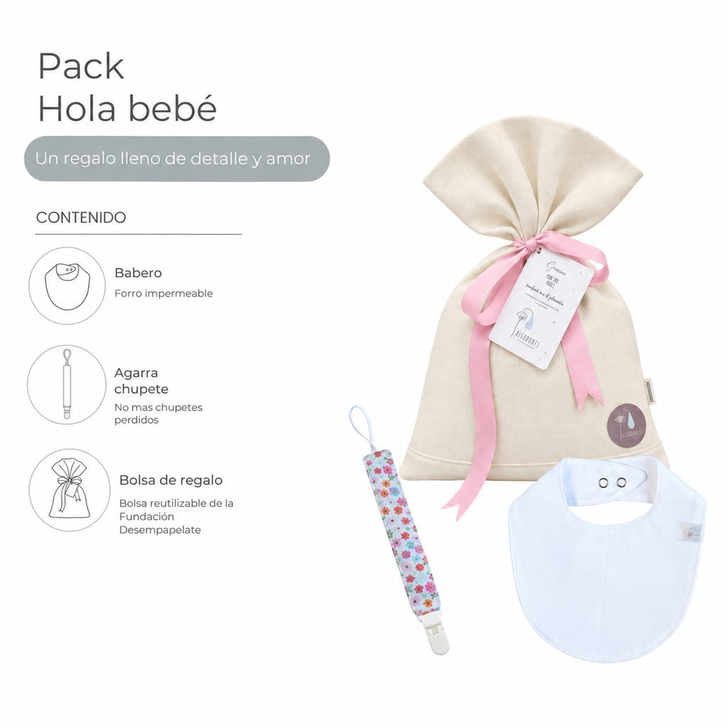 Pack Hola Bebé · Niña: contenido: bolsa de regalo, babero y agarra chupete