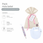 Pack Hola Bebé · Niña: contenido: bolsa de regalo, babero y agarra chupete