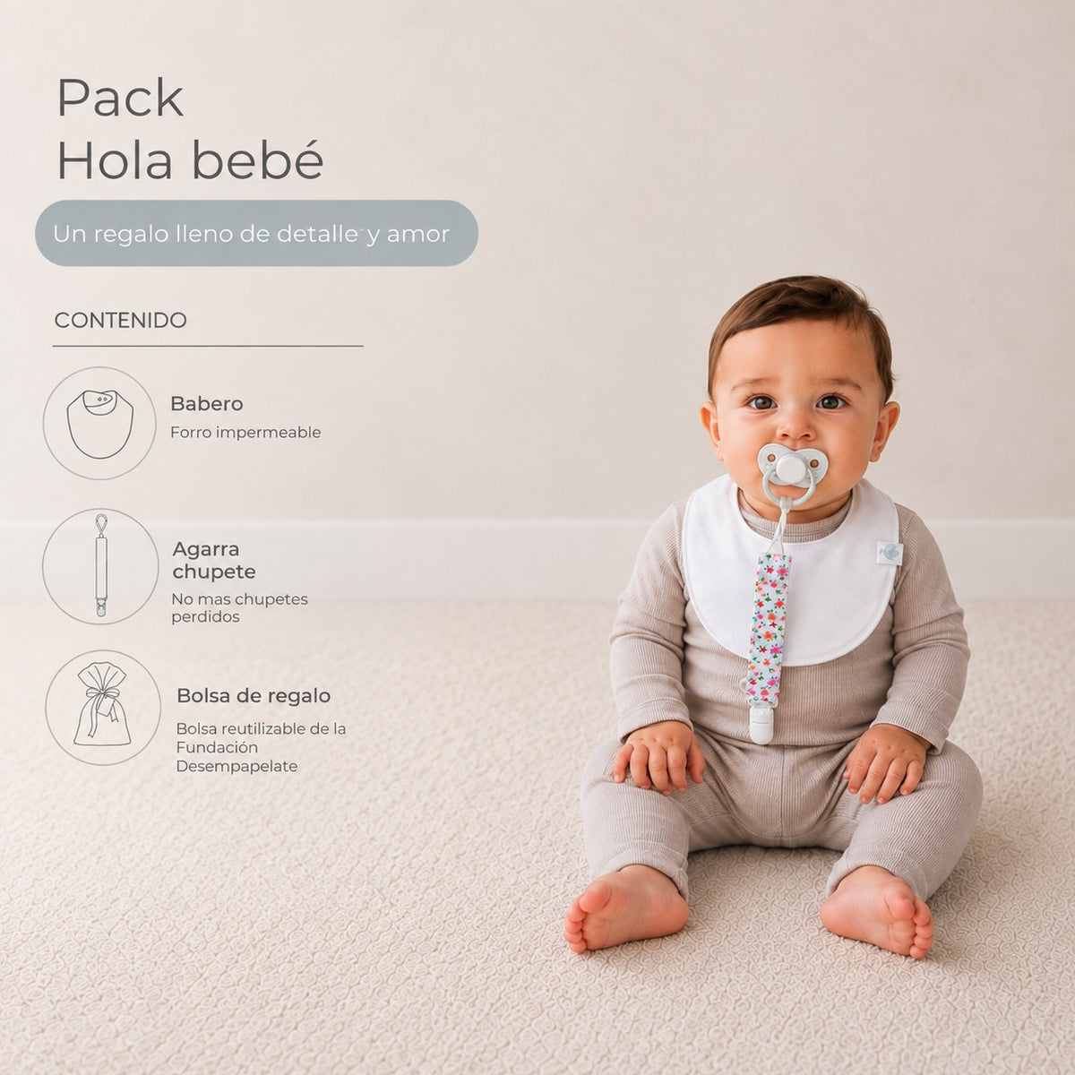 Pack Hola Bebé · Niña: guagua sentada con las piezas del pack