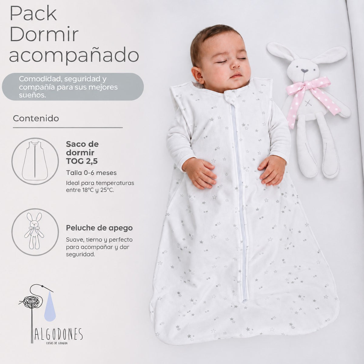 Pack A Dormir Acompañado · Niña: guagua durmiendo con el saco y el peluche de apego