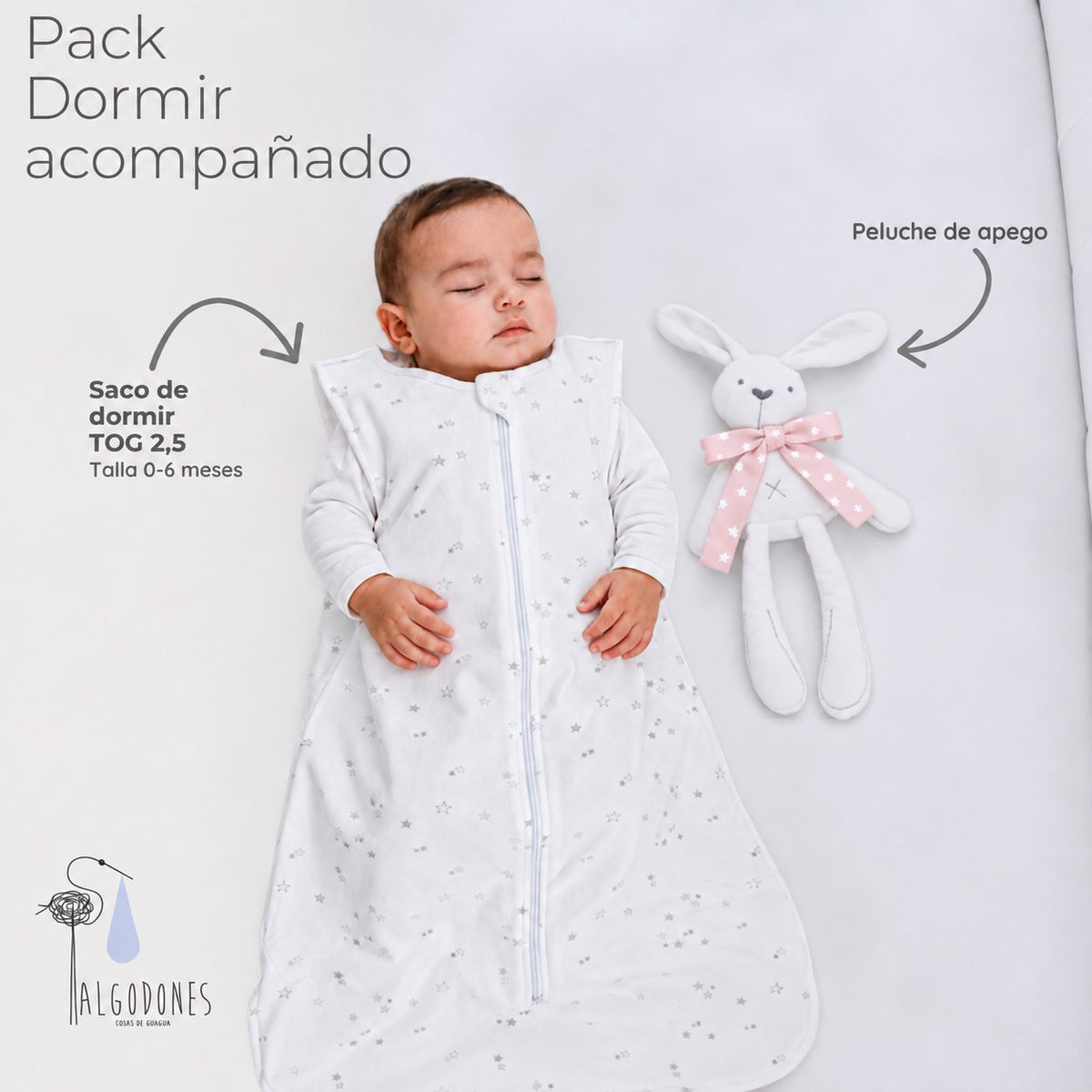 Pack A Dormir Acompañado · Niña: el saco de dormir y el peluche señalados sobre la guagua