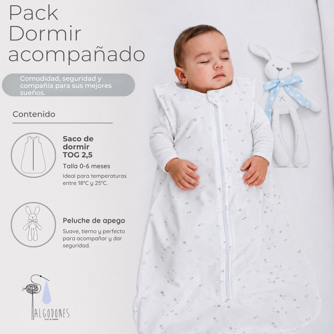 Pack A Dormir Acompañado · Niño: guagua durmiendo con el saco y el peluche de apego