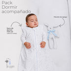 Pack A Dormir Acompañado · Niño: el saco de dormir y el peluche señalados sobre la guagua