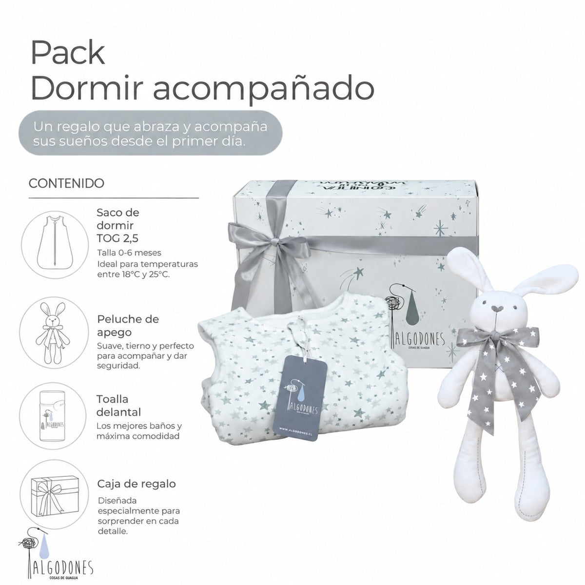 Pack A Dormir Acompañado: contenido del pack con su caja de regalo