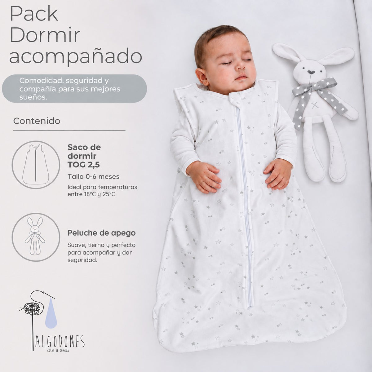 Pack A Dormir Acompañado: guagua durmiendo con el saco y el peluche de apego