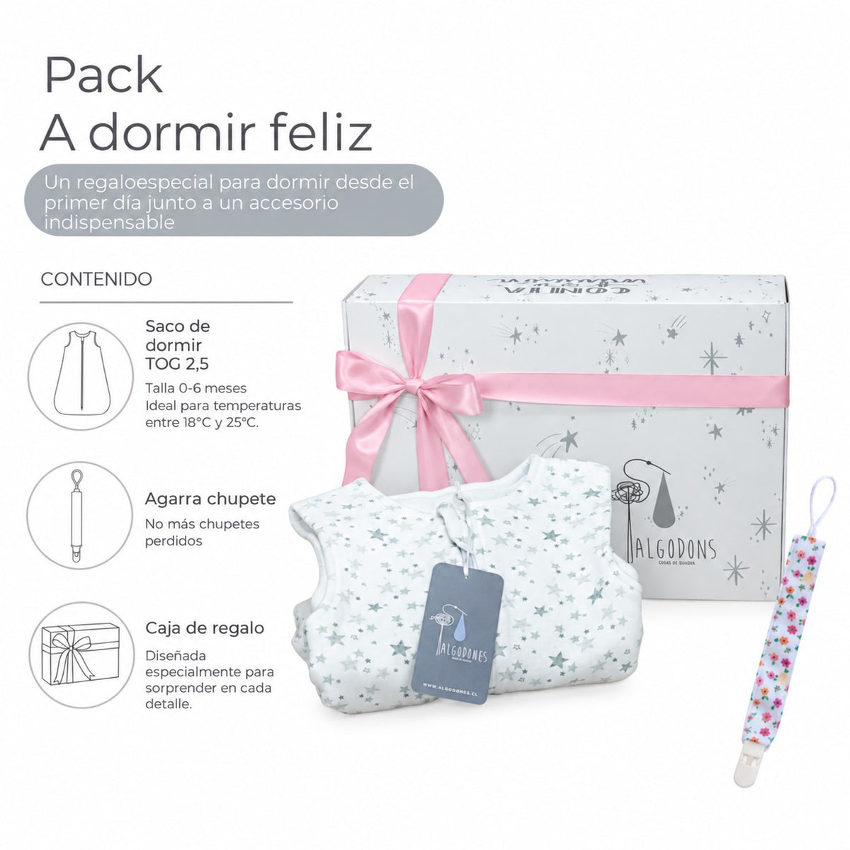 Pack A Dormir Feliz · Niña: contenido: caja de regalo, saco de dormir y agarra chupete
