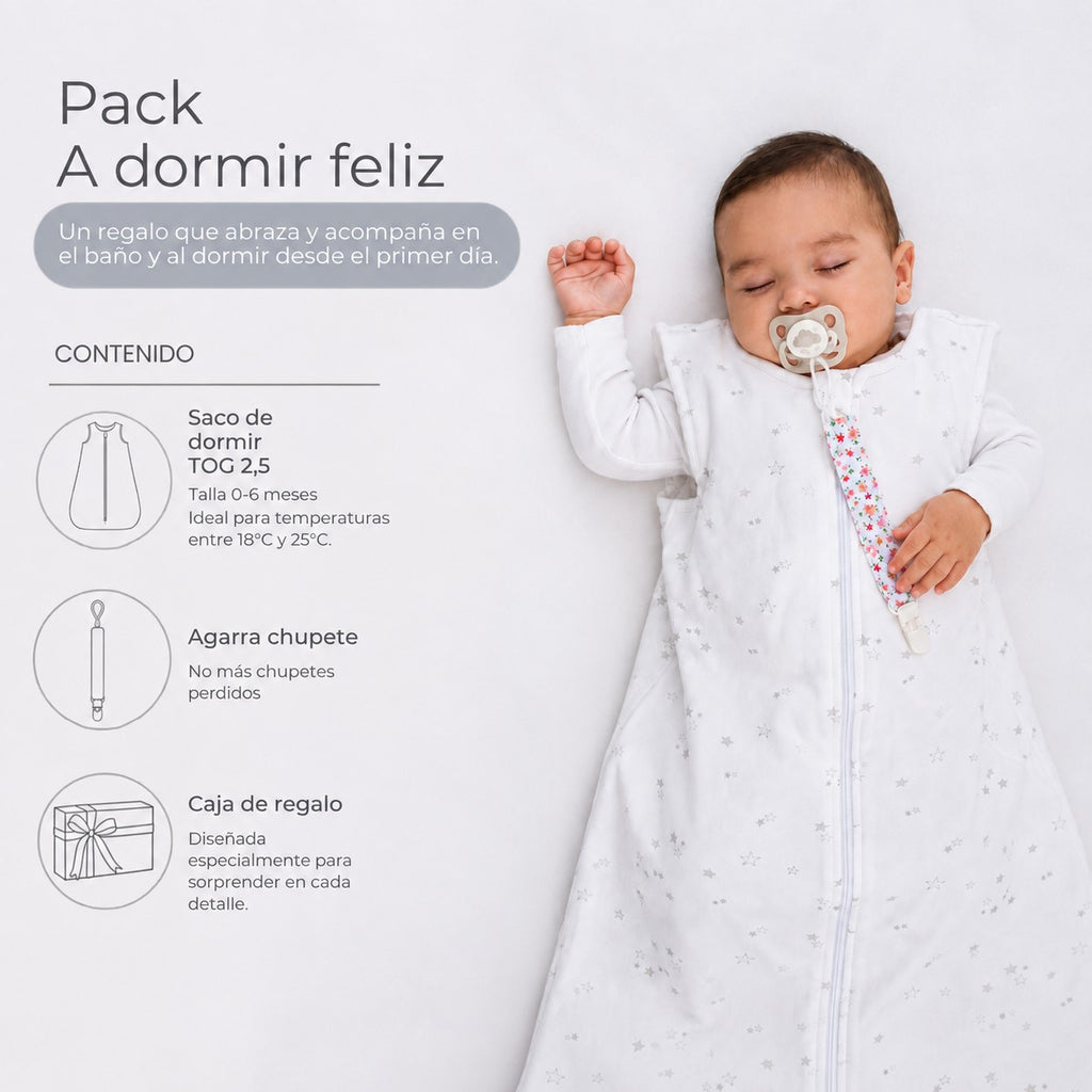 Pack A Dormir Feliz · Niña: guagua durmiendo con el saco y el agarra chupete
