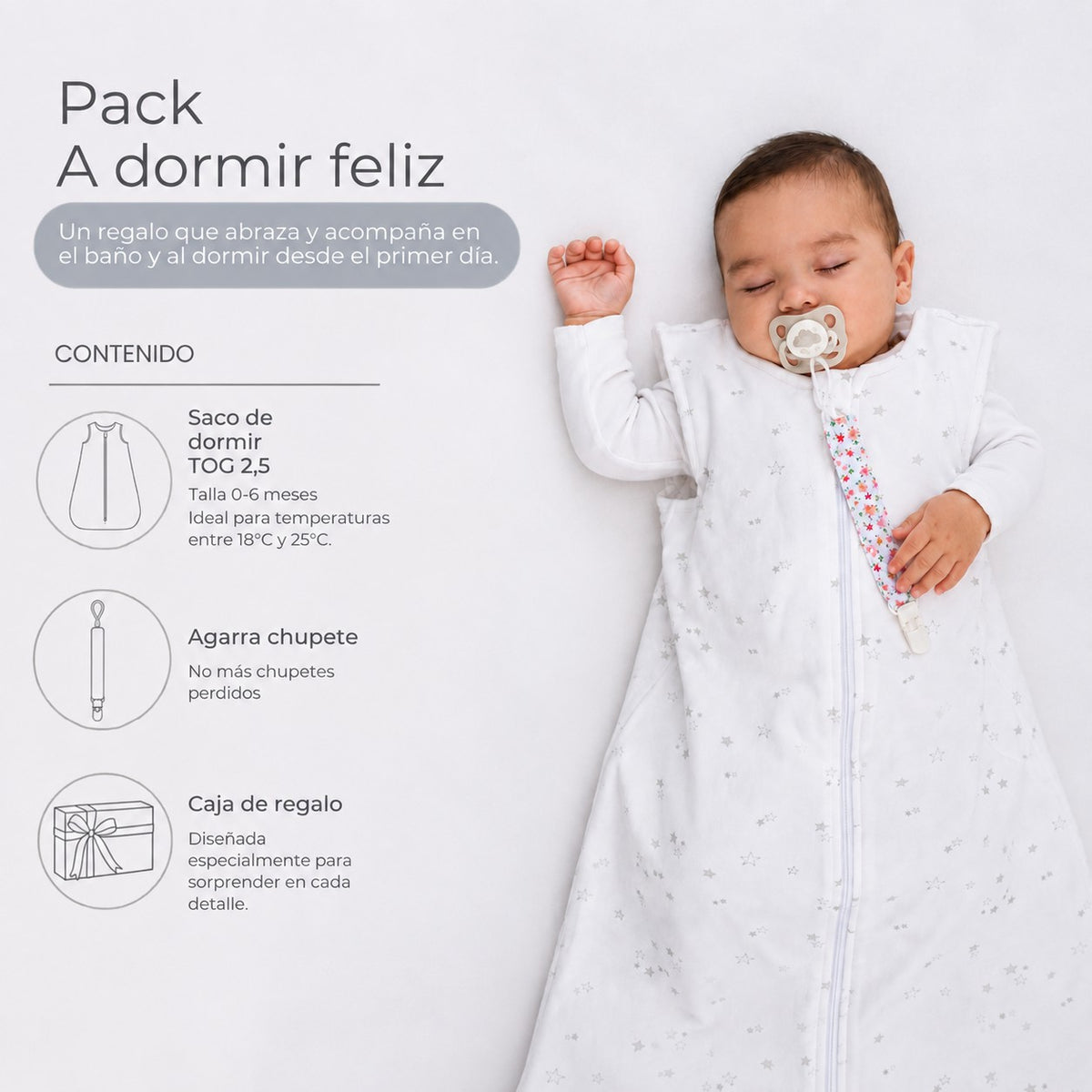 Pack A Dormir Feliz · Niña: guagua durmiendo con el saco y el agarra chupete