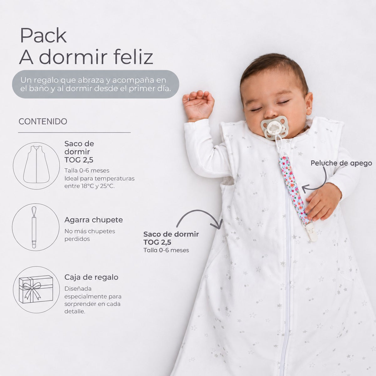 Pack A Dormir Feliz · Niña: las piezas del pack señaladas sobre la guagua