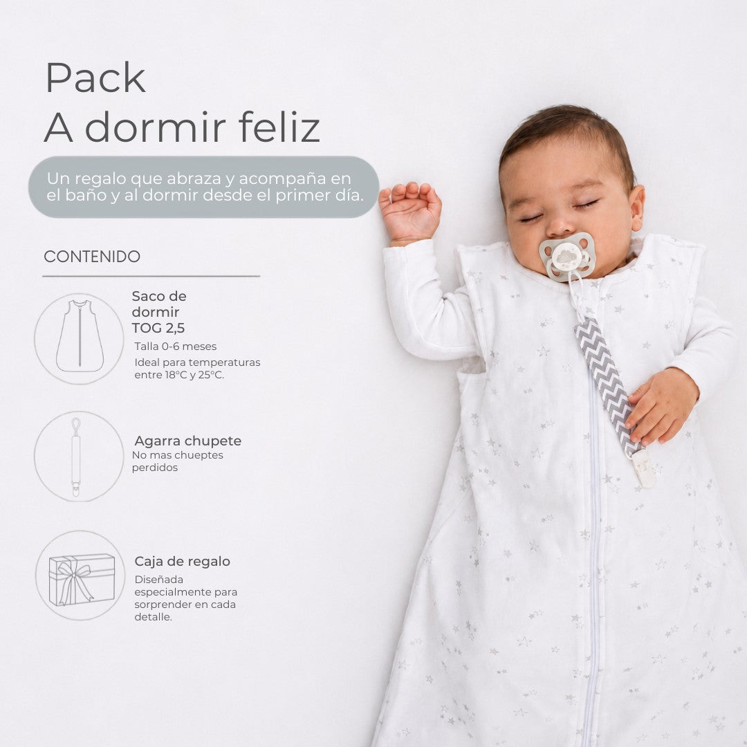 Pack A Dormir Feliz: guagua durmiendo con el saco y el agarra chupete