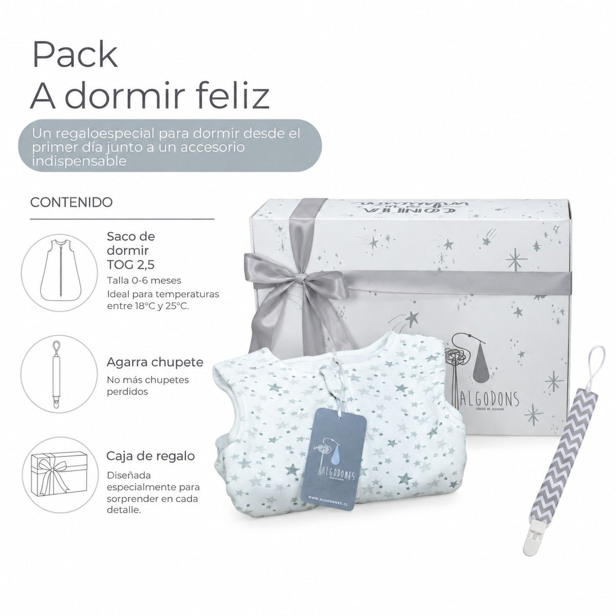 Pack A Dormir Feliz: contenido: caja de regalo, saco de dormir y agarra chupete