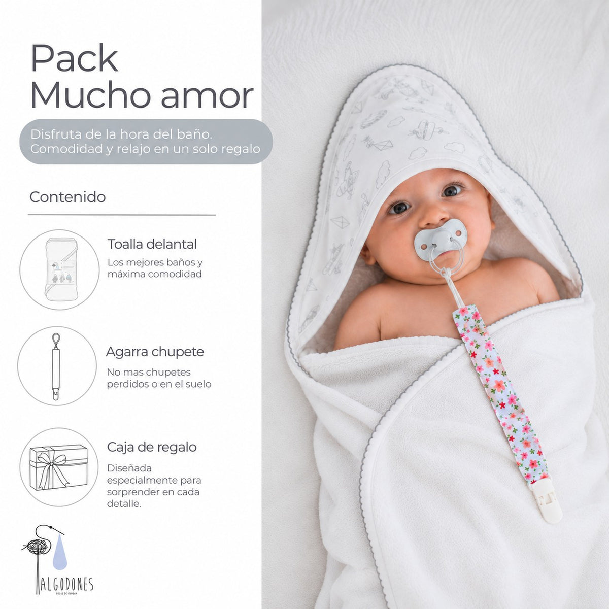 Pack Mucho Amor · Niña: guagua con la toalla delantal y el agarra chupete