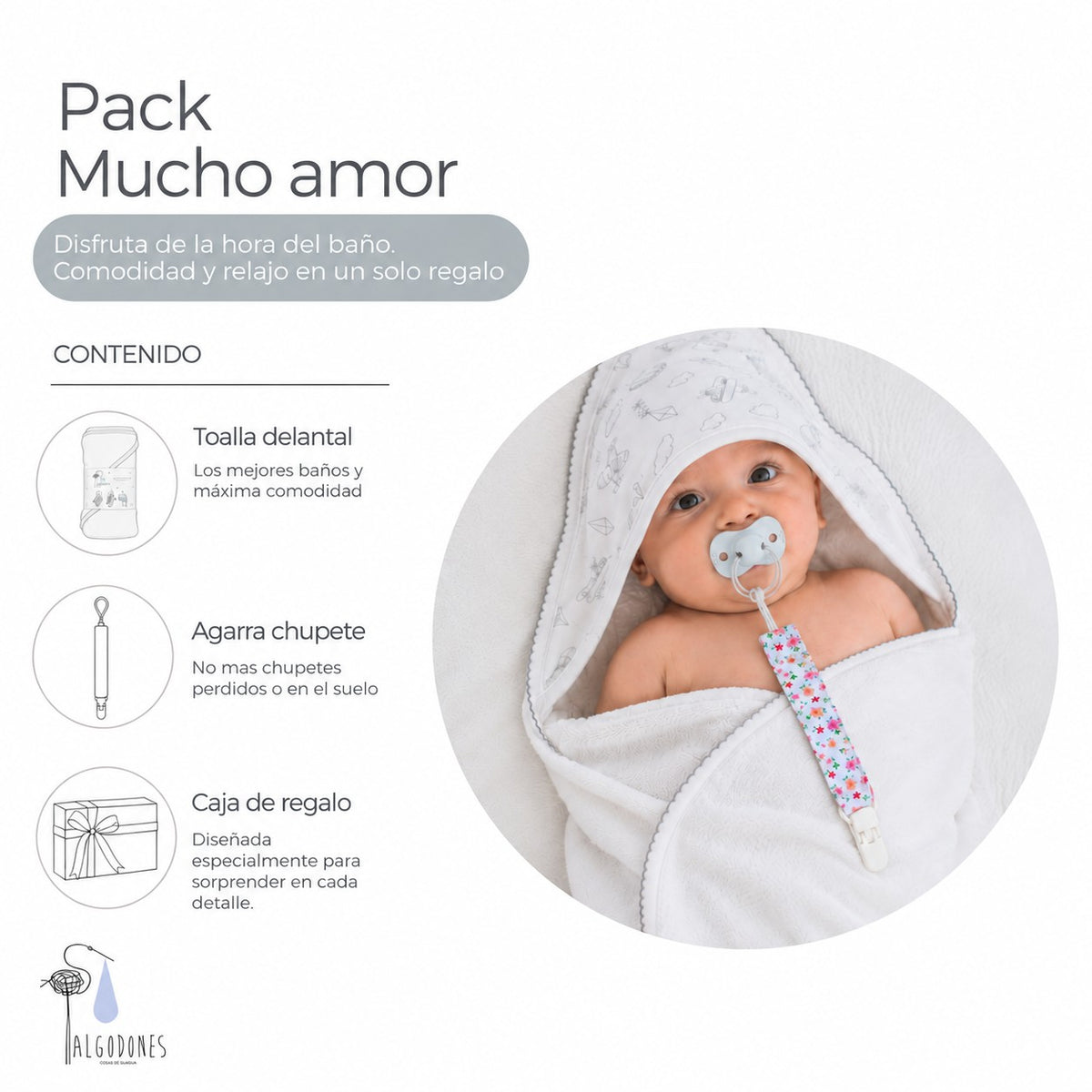 Pack Mucho Amor · Niña: guagua envuelta en la toalla delantal