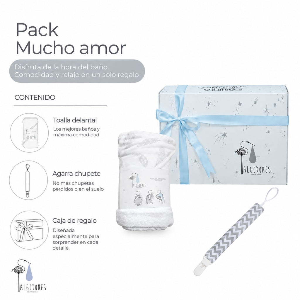 Pack Mucho Amor · Niño: contenido: caja de regalo, toalla delantal y agarra chupete
