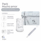 Pack Mucho Amor: contenido: caja de regalo, toalla delantal y agarra chupete