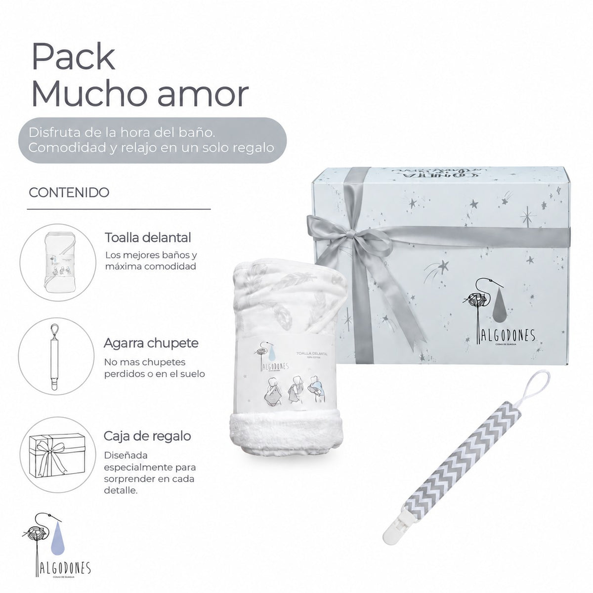 Pack Mucho Amor: contenido: caja de regalo, toalla delantal y agarra chupete