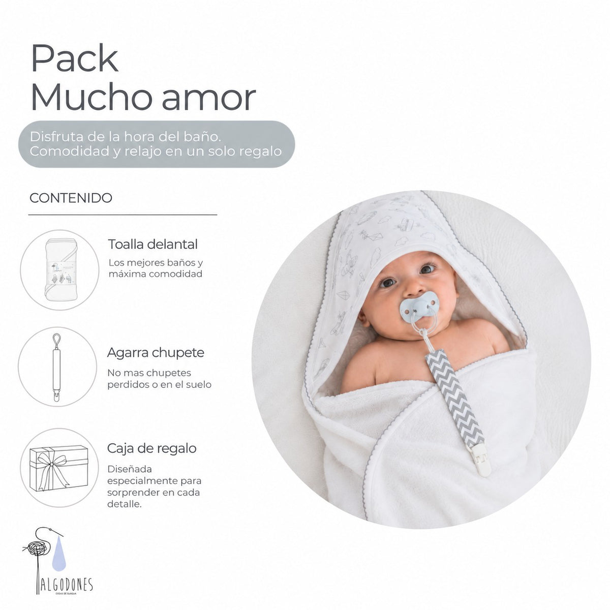 Pack Mucho Amor: guagua envuelta en la toalla delantal