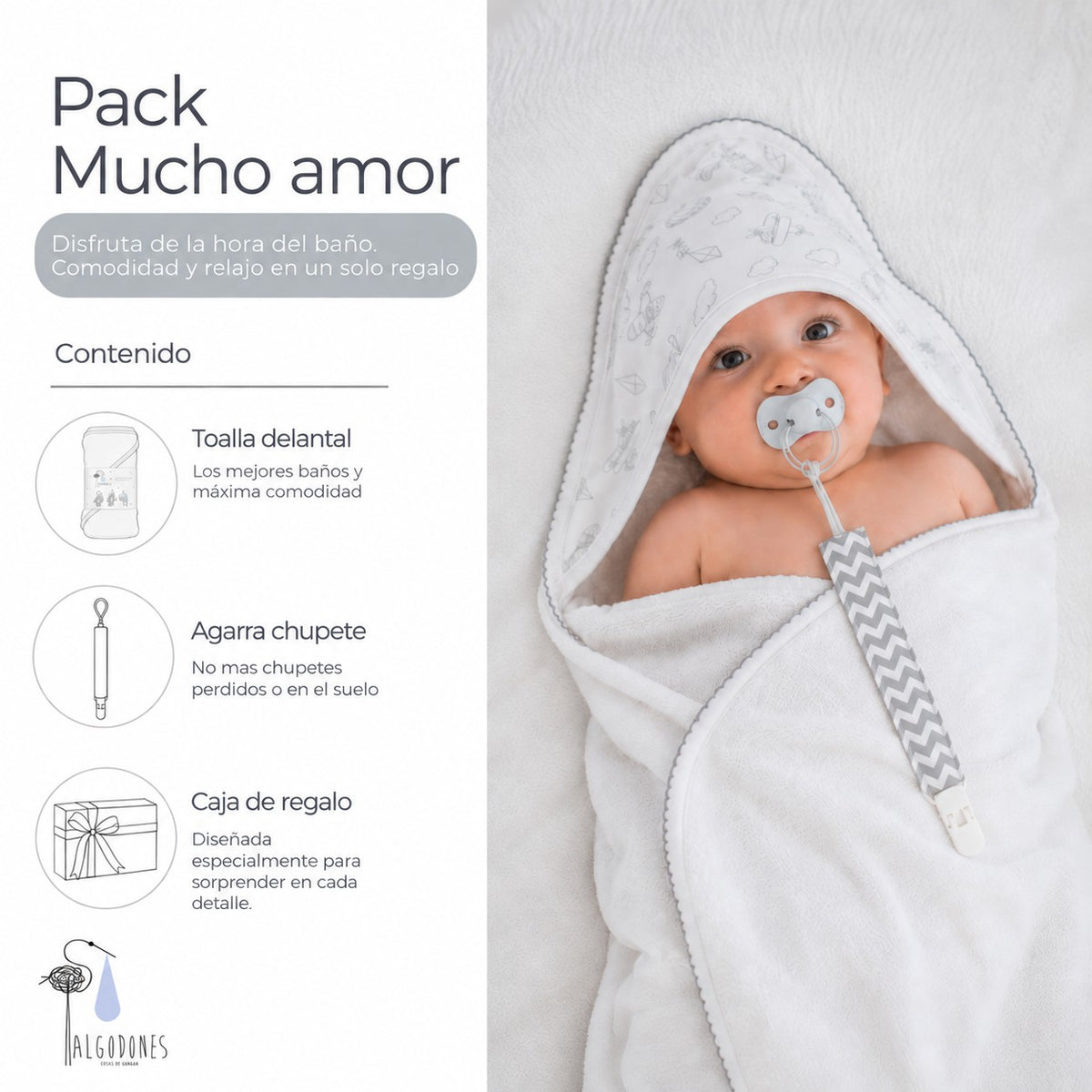 Pack Mucho Amor: guagua con la toalla delantal y el agarra chupete