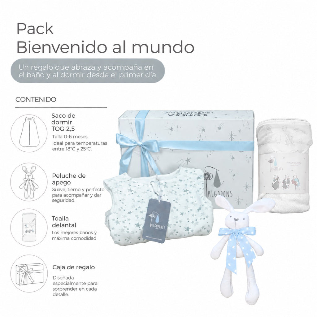 Contenido del Pack Bienvenido al Mundo para niño: caja con cinta celeste, saco de dormir, toalla delantal y peluche