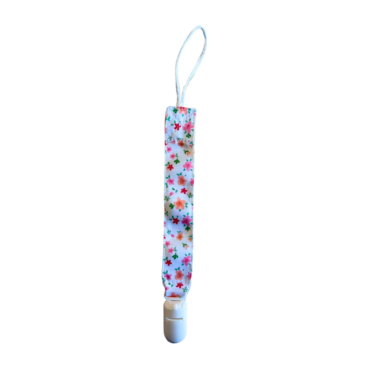 Agarra chupete Flores, cinta blanca con flores rosadas y naranjas, clip blanco
